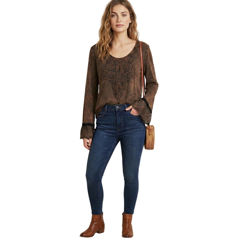 Boho Lace Bell Sleeve Top Brown Crochet Applique Flowy Festival Artisan Tunic L